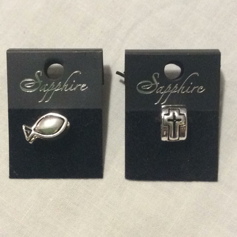 Sapphire Charms Beads Jesus Fish and Cross Silver with Black New
